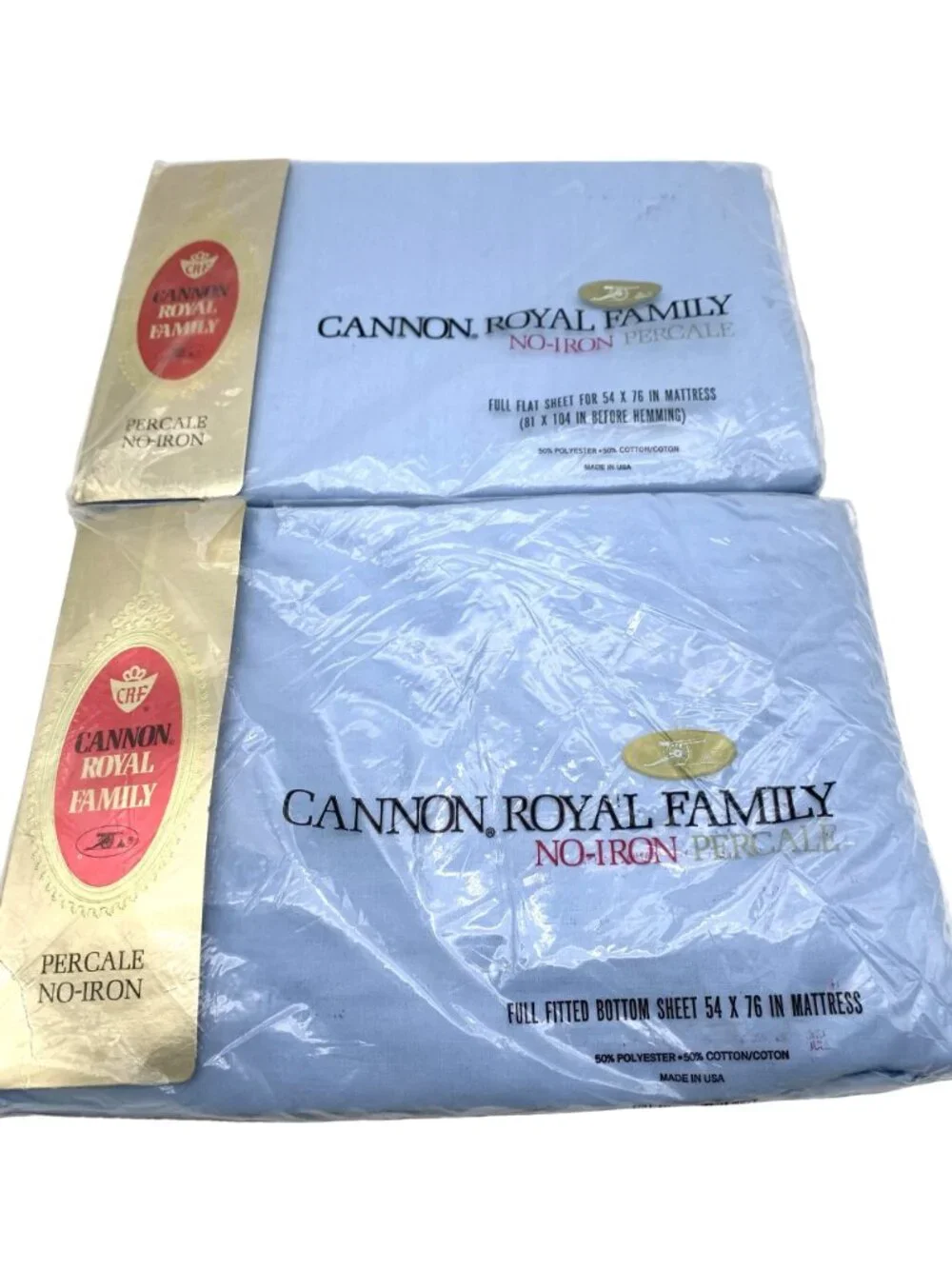 Cannon Royal Family No-Iron Percale Full Flat Fitted Sheets Blue Made In USA NOS